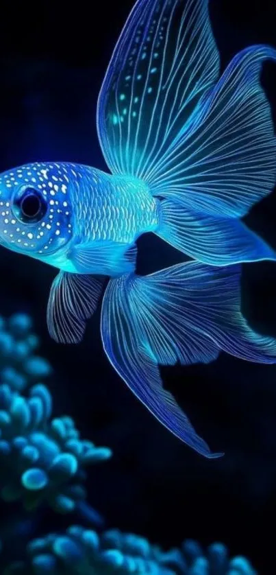 Vibrant neon blue fish in a fantasy underwater scene.