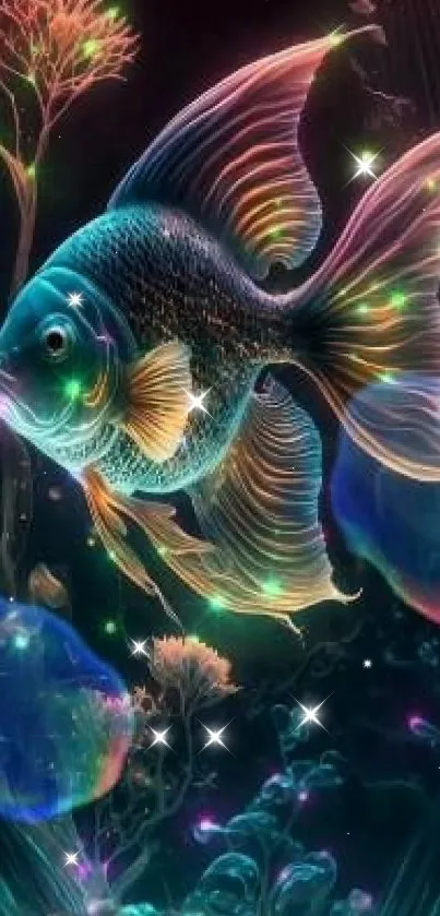 Vibrant neon fish swimming in a colorful underwater scene.