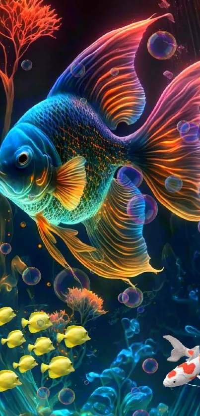 Vibrant neon fish in an underwater scene with colorful aquatic life.