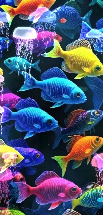 Colorful neon fish and jellyfish in a vibrant wallpaper design.