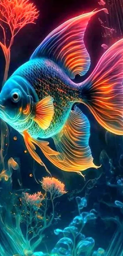 Vibrant neon fish with colorful glowing fins underwater.