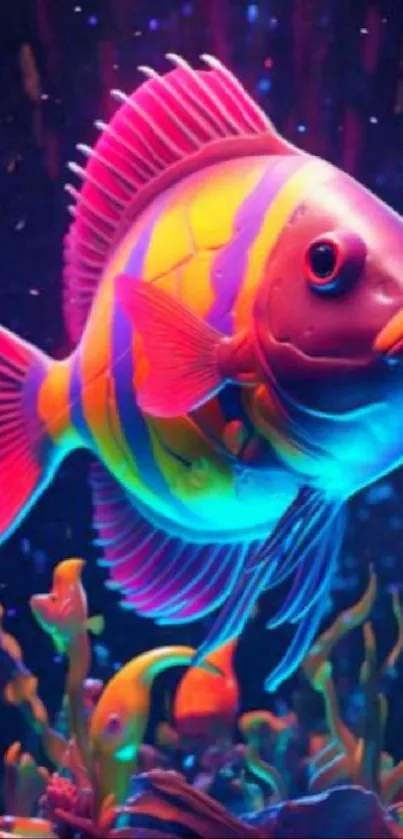 Neon-striped fish with vibrant colors underwater, ideal wallpaper design.