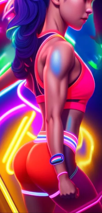 Neon fitness art wallpaper with vibrant colors and dynamic design.