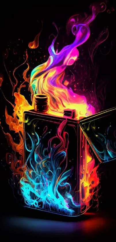 Mobile wallpaper with vibrant neon flames and a lighter.