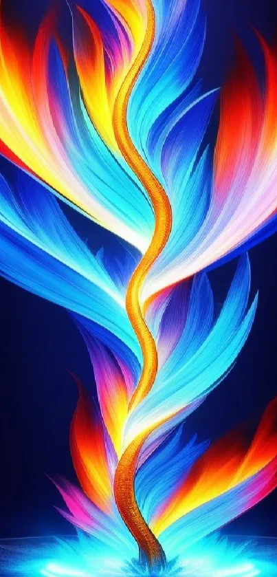 Vibrant neon flames on blue background.