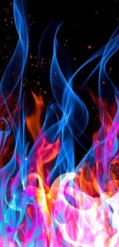 Vibrant neon blue and orange flames wallpaper.