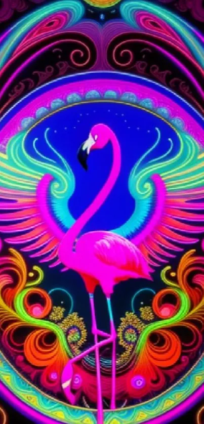 Vibrant neon flamingo with intricate symmetrical patterns on dark background.