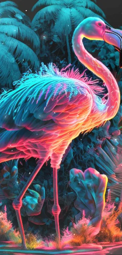 Neon flamingo in vibrant jungle setting with teal and pink hues.