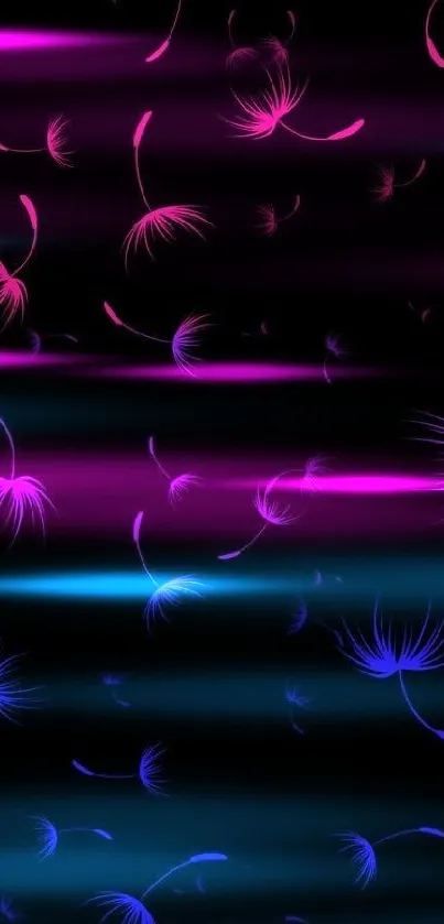 Vibrant neon pink and blue dandelion abstract on a black background