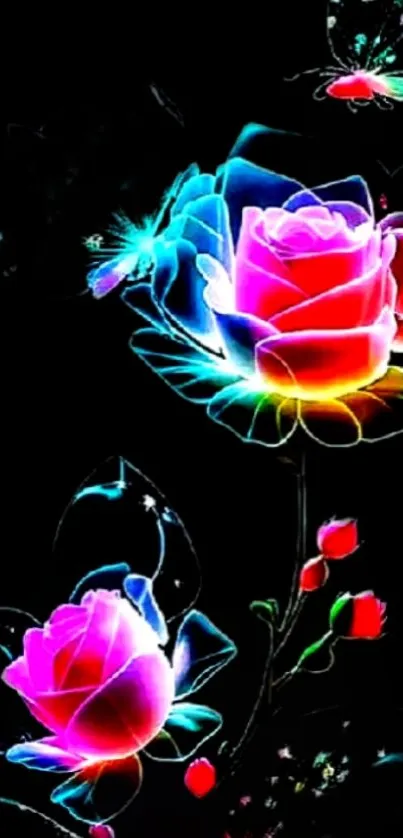 Vibrant neon flowers with glowing roses on dark background.