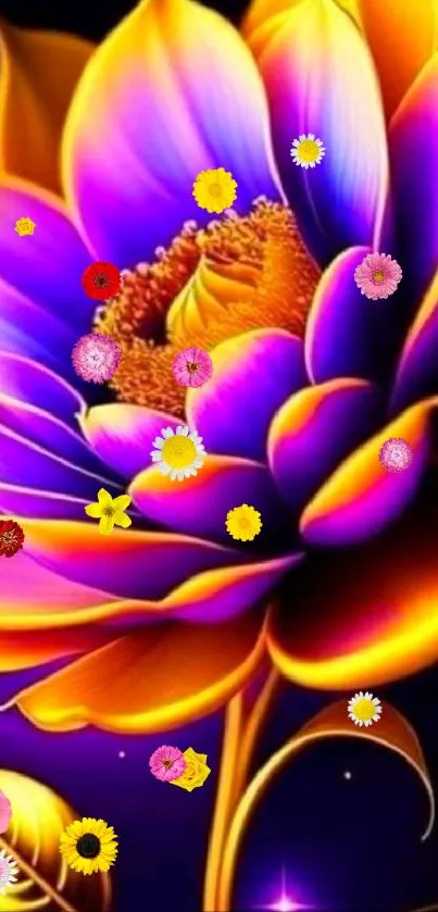 Vibrant neon flower with purple and orange hues on a dark background.