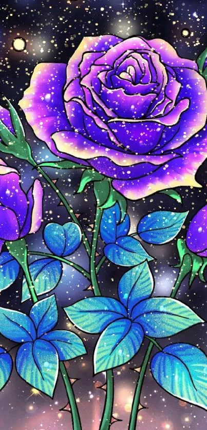 Vibrant neon floral wallpaper with purple roses and glowing background.