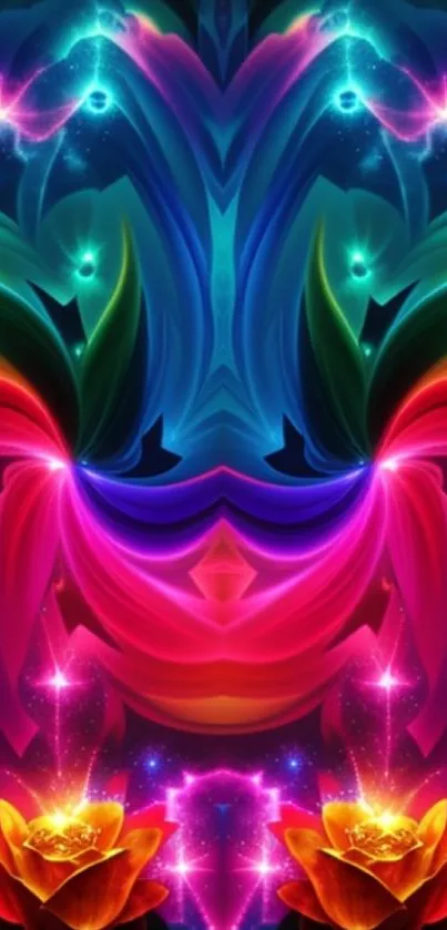 Vibrant neon floral wallpaper with glowing abstract patterns.