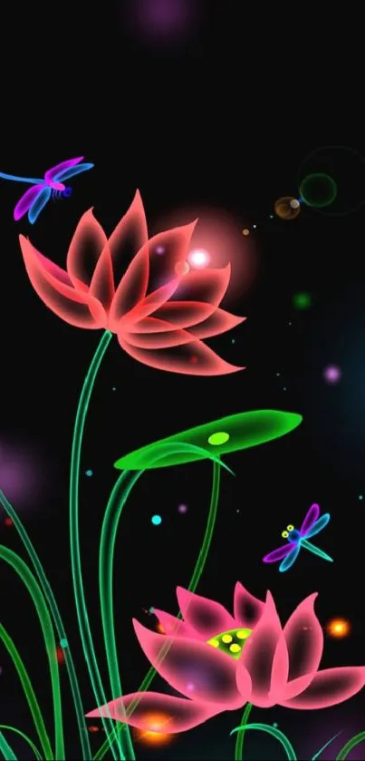 Vibrant neon floral wallpaper with glowing flowers and dragonflies.