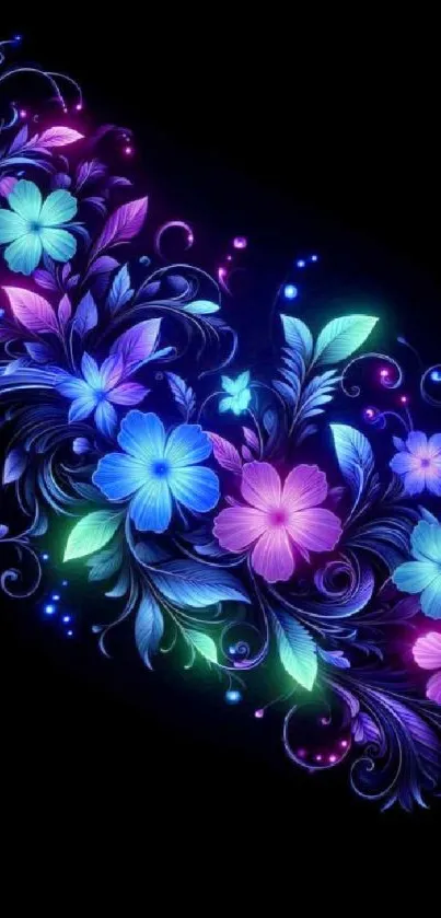 Vibrant neon floral design on black background.