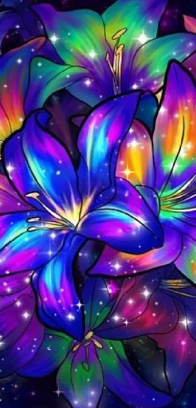 Vibrant neon lilies with a cosmic background in digital art.