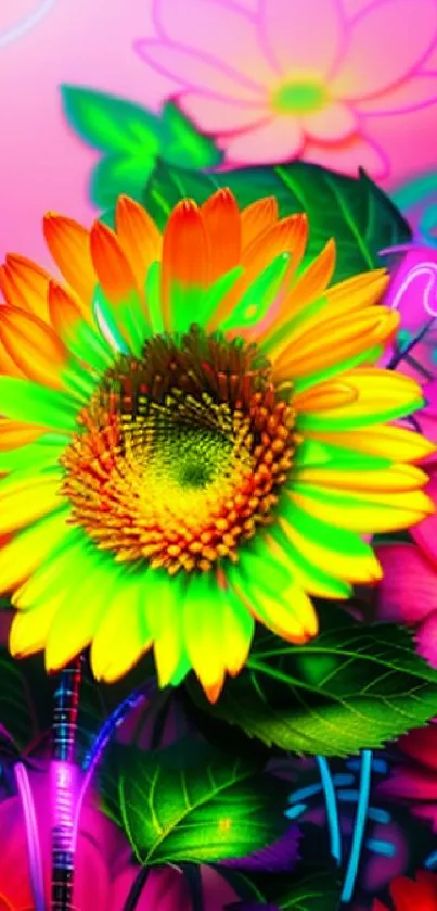 Vibrant neon floral wallpaper with colorful sunflowers and abstract design.