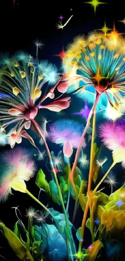 Vibrant neon floral wallpaper with dandelion design on dark background.