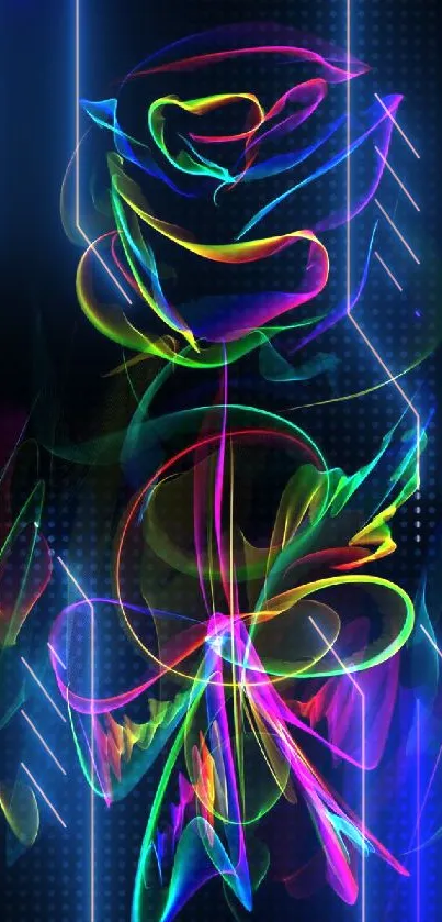 Neon floral art with colorful rose on dark background.