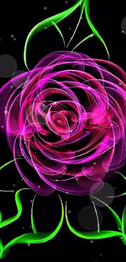 Neon pink and green floral abstract on black background.