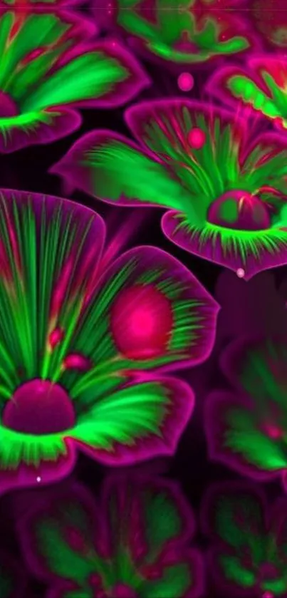 Vibrant neon floral pattern with glowing petals and vivid colors.