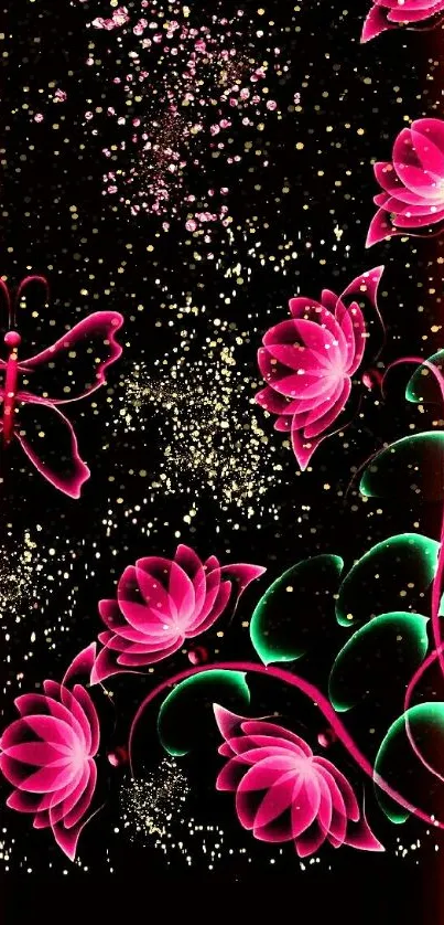 Neon-themed wallpaper with pink flowers and butterfly on dark background.