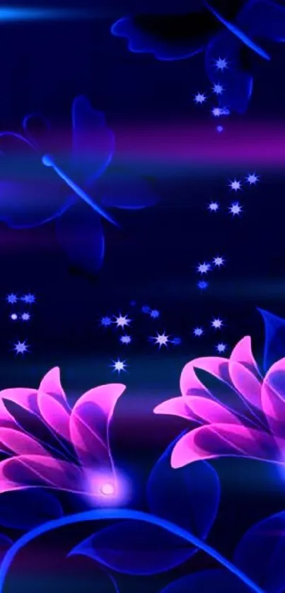 Neon floral and butterfly mobile wallpaper with glowing pink flowers.