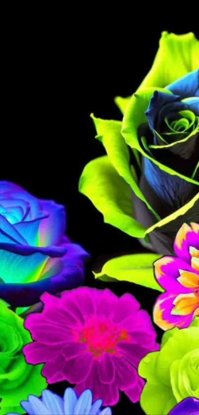 Vibrant neon flowers on a black background.