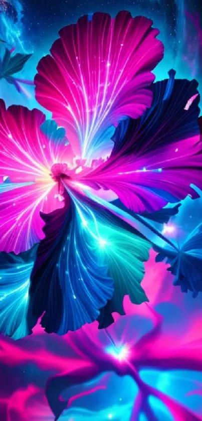 Vibrant neon floral wallpaper with glowing colors and intricate design.