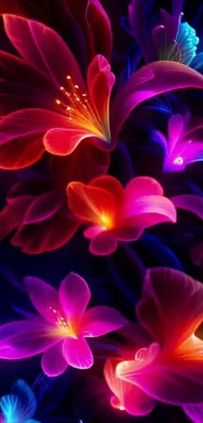 Vibrant neon floral wallpaper with colorful flowers on a dark background.