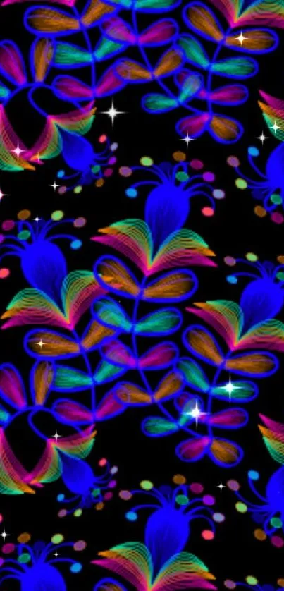 Vibrant neon floral pattern on black background, colorful and abstract.