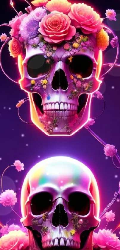 Neon skull artwork with vibrant flora and glowing details in purple hues.