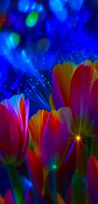 Vibrant neon flowers with cosmic backdrop in a glowing setting.