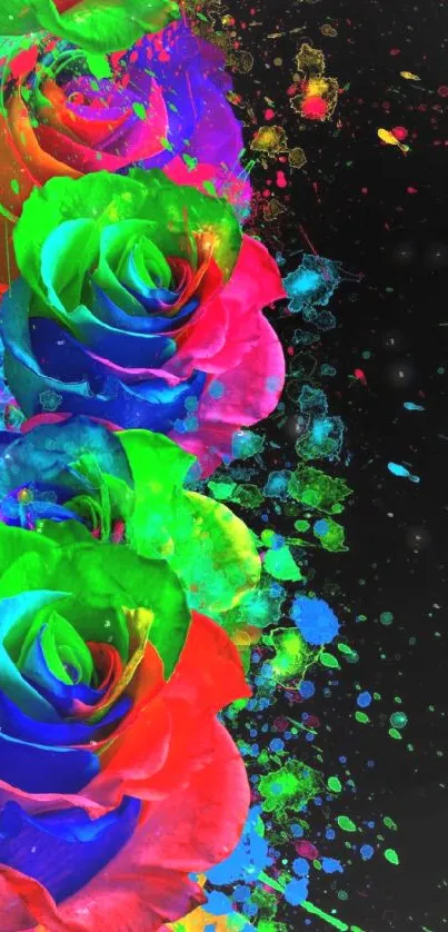 Vibrant neon roses against a dark background with paint splatters.