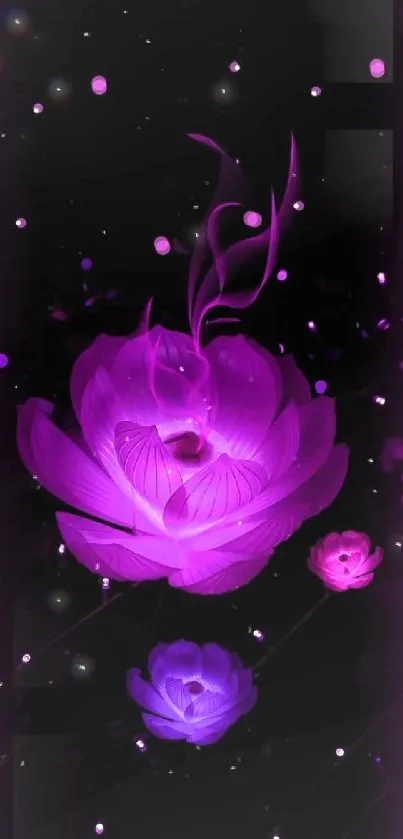 Neon floral wallpaper with purple flowers on a dark background.