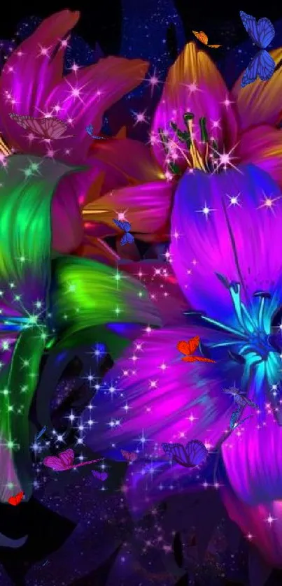 Vibrant neon floral wallpaper with glowing colors and sparkles.