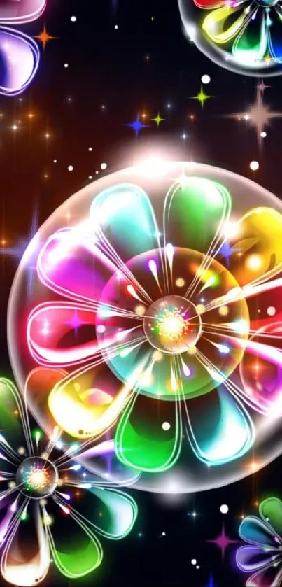 Vibrant neon floral wallpaper with colorful bubbles and starry background.