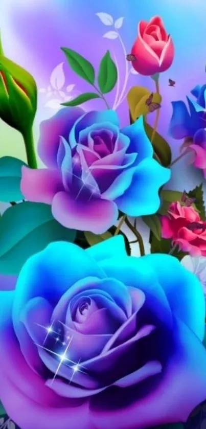 Vibrant blue and purple roses in neon floral wallpaper.