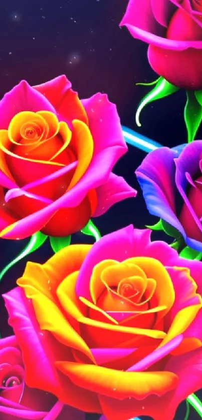 Vibrant neon colored roses on a dark background.