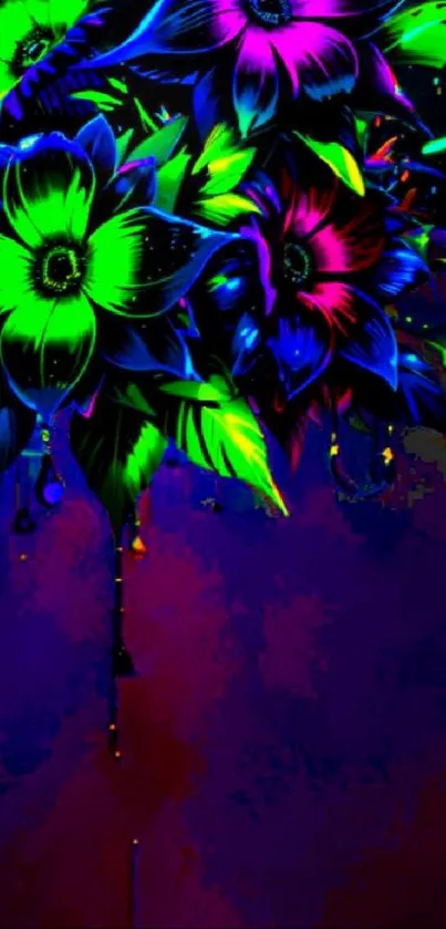 A vibrant neon floral design with dark purple background.