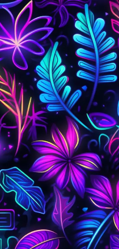 Vibrant neon floral wallpaper with purple and blue leaves on a black background.