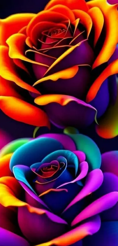 Vibrant neon roses glowing on a dark background mobile wallpaper.