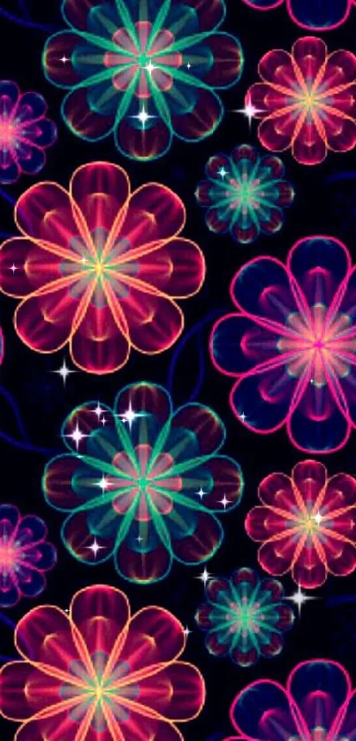 Neon floral wallpaper with vibrant glowing flowers on a dark background.