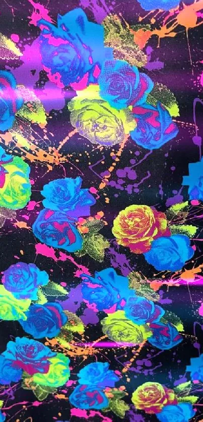 Vibrant neon floral wallpaper with colorful roses on dark background.