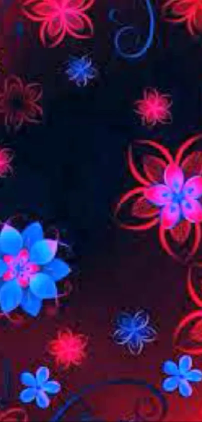 Vibrant wallpaper featuring neon blue and red abstract floral designs.