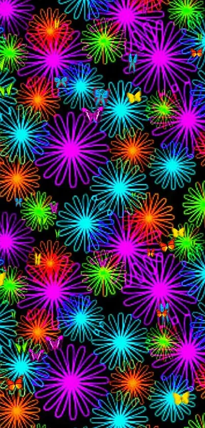 Vibrant neon floral pattern on black wallpaper.