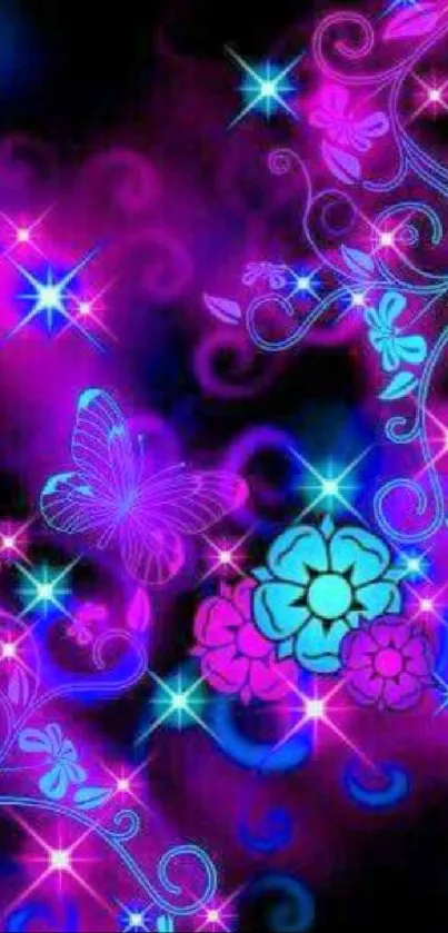 Vibrant neon wallpaper with butterflies and flowers.