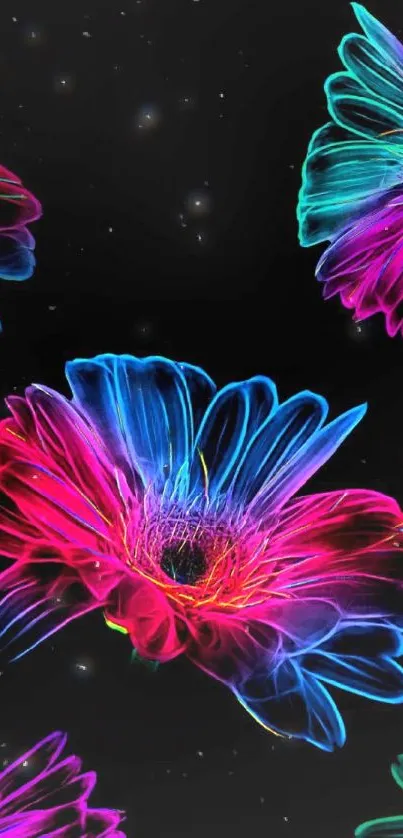 Bright neon flowers glowing on black wallpaper.