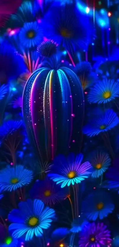 Vibrant neon blue floral wallpaper with glowing daisies.