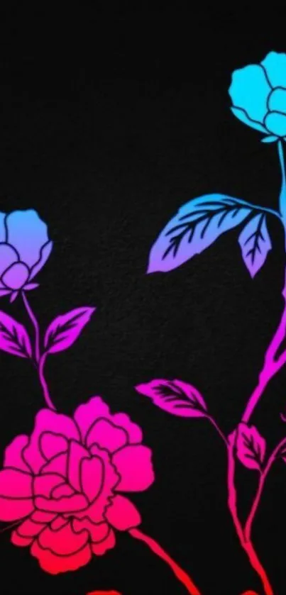 Neon floral wallpaper with glowing flowers on a dark background.
